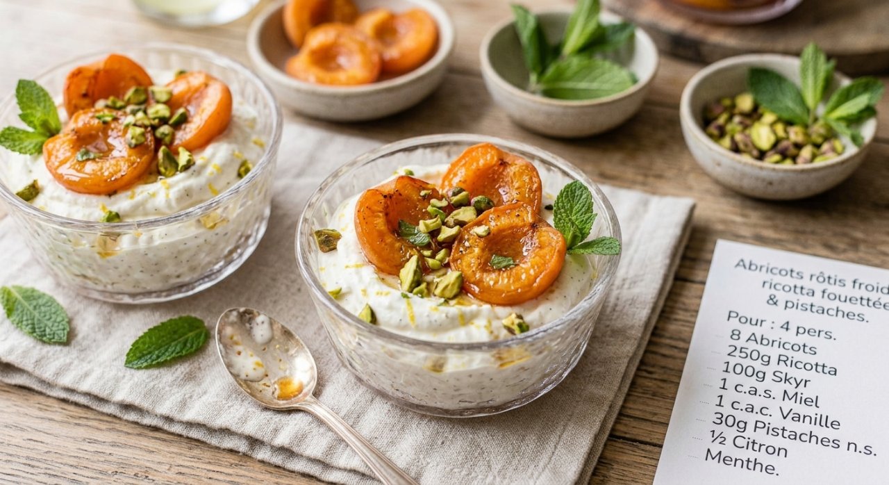 Abricots rôtis froids, ricotta fouettée et pistaches