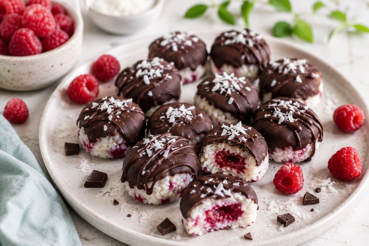 Bouchées glacées coco-framboise et chocolat