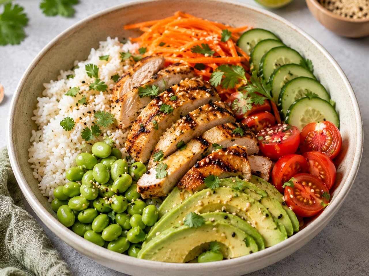 Bowl healthy poulet, riz et légumes