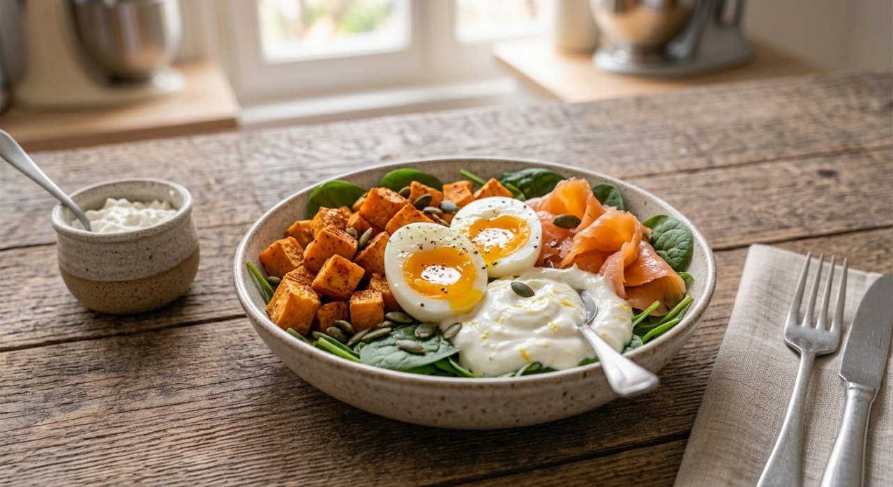 Bowl petit-déjeuner patate douce, œuf & saumon fumé
