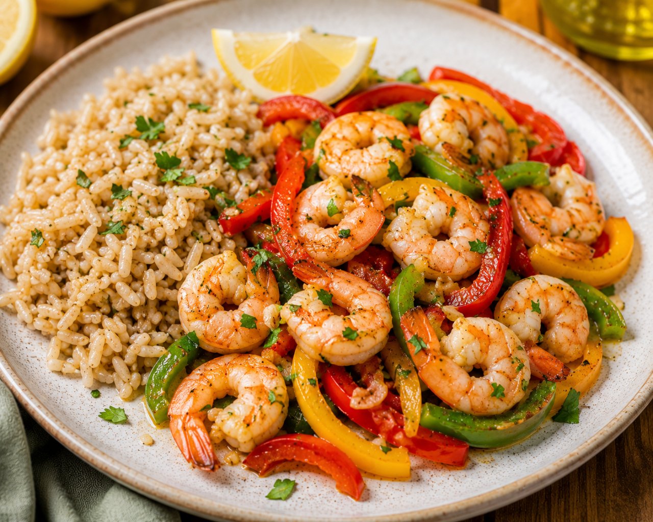 Image de la recette Poêlée de crevettes, poivrons et riz complet