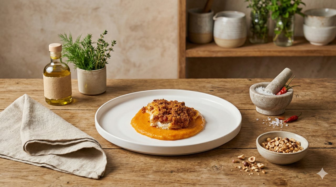 Dos de cabillaud et son crumble chorizo-parmesan