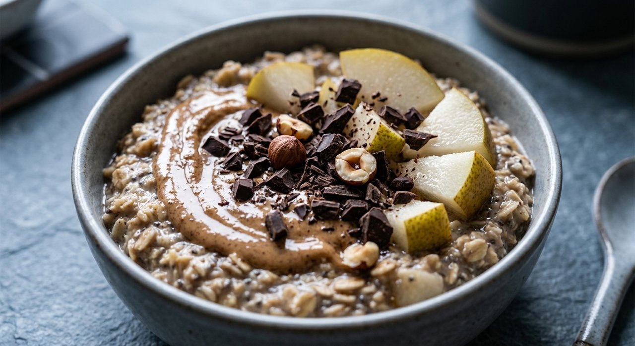 Overnight oats poire, chocolat noir & noisettes