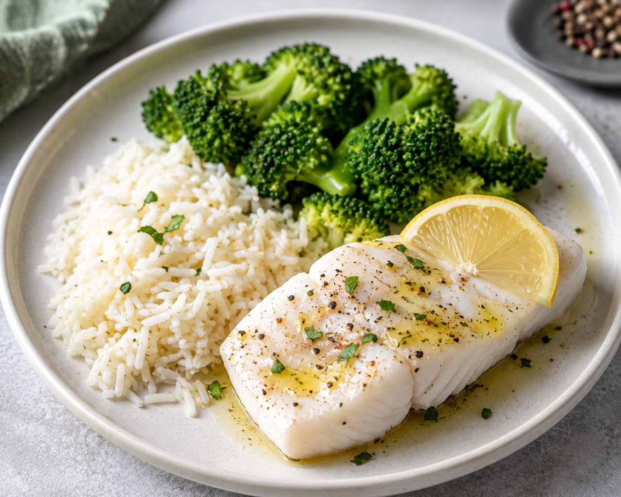 Image de la recette Pavé de colin vapeur, riz et brocolis