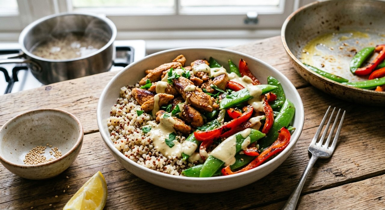 Poêlée de poulet au quinoa express, légumes croquants & sauce citron-tahini