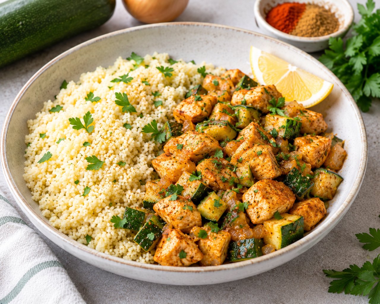 Poulet aux courgettes et semoule parfumée