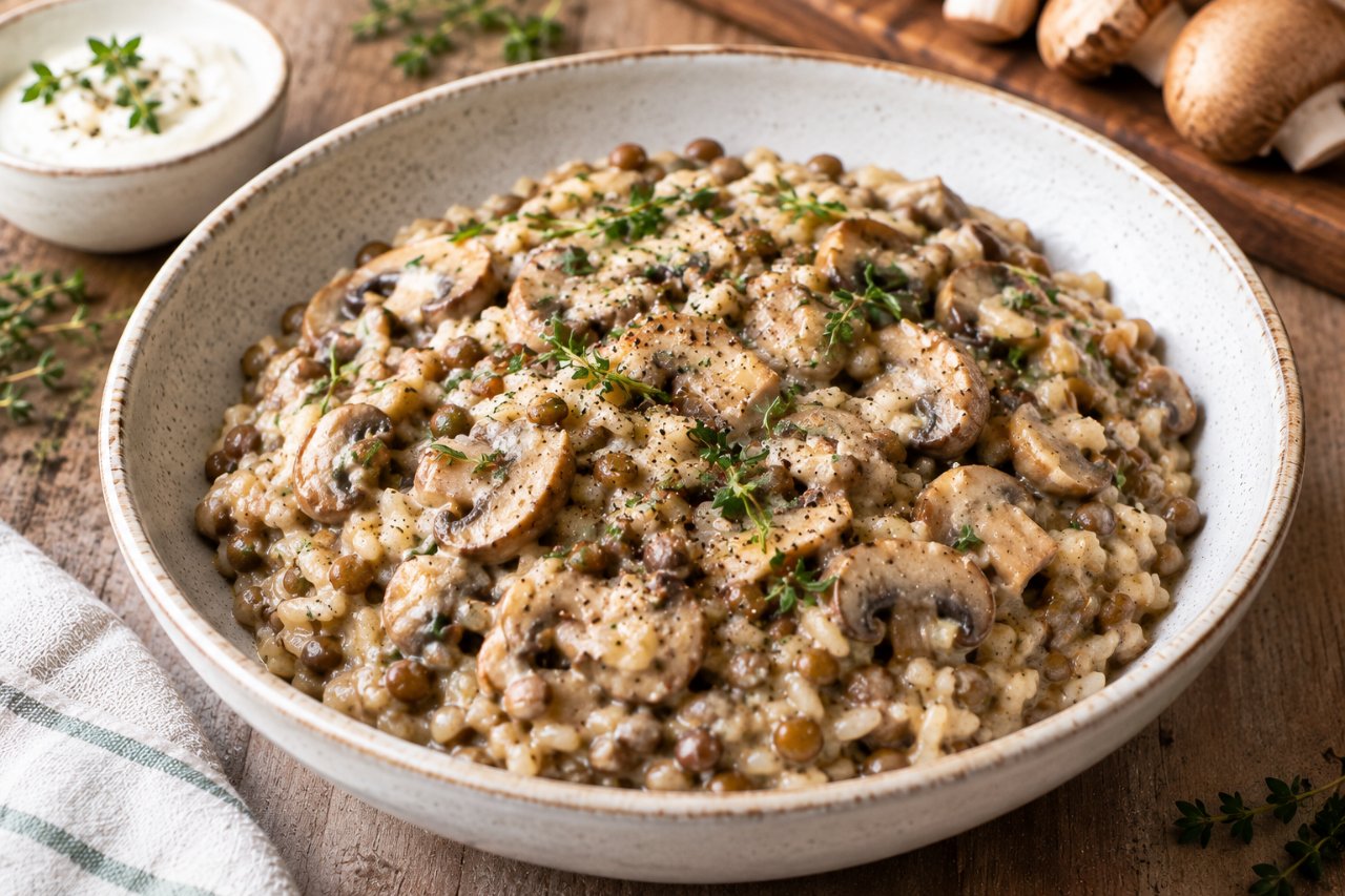 Riz crémeux aux champignons et lentilles