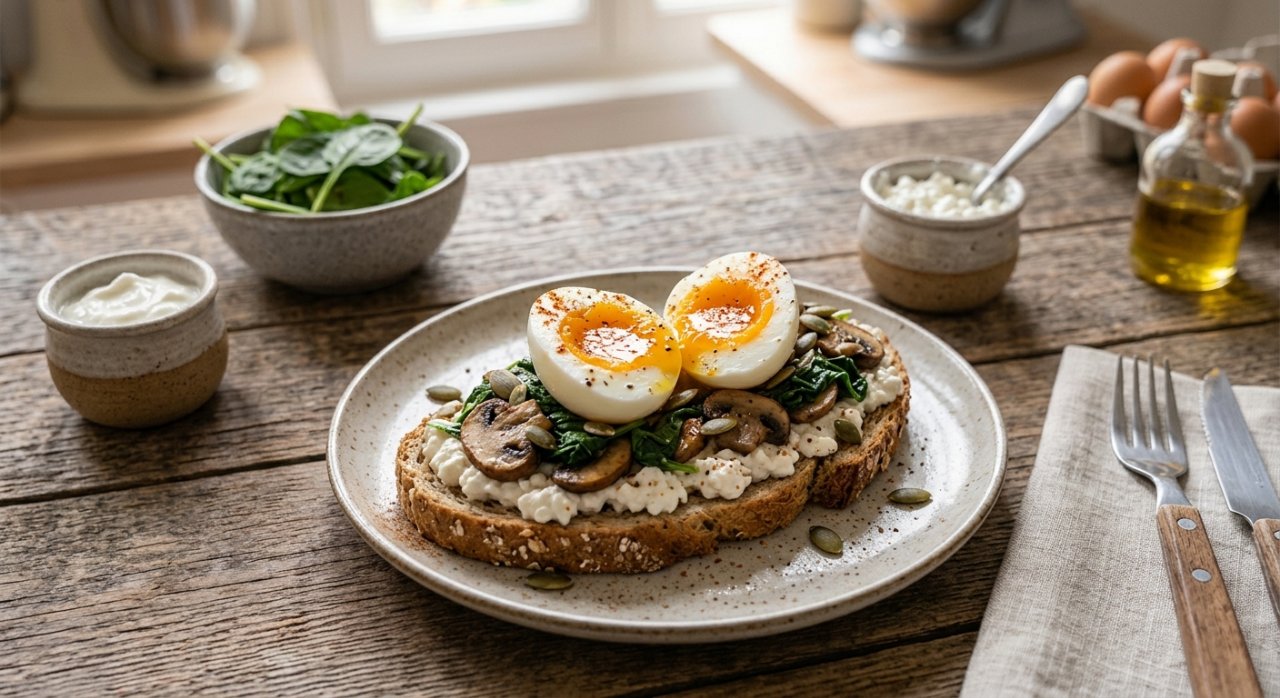 Tartine cottage cheese, œuf mollet & champignons