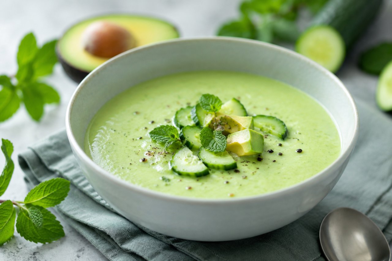 Velouté froid concombre, avocat et menthe