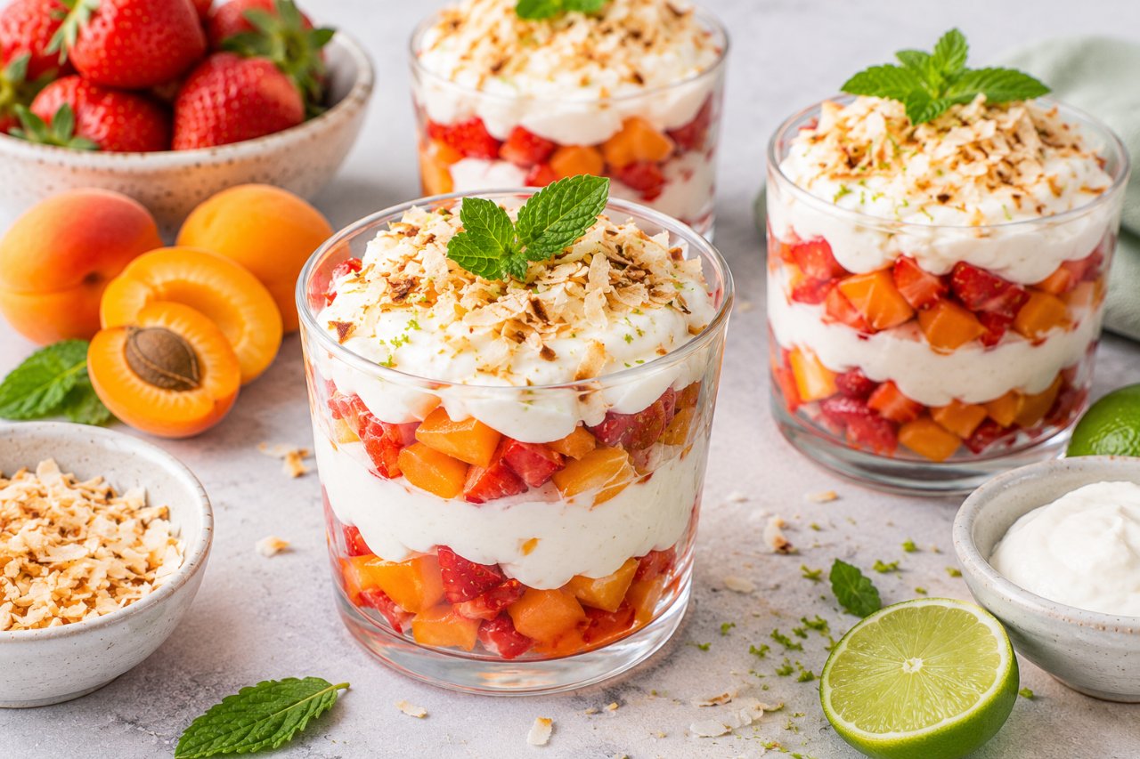 Verrines fraises, abricots & crème coco-citron vert