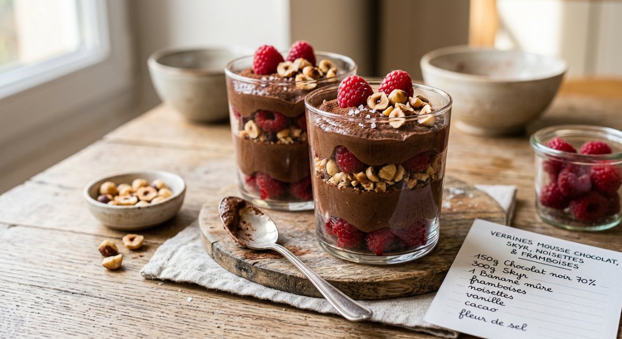 Verrines mousse chocolat, noisettes & framboises