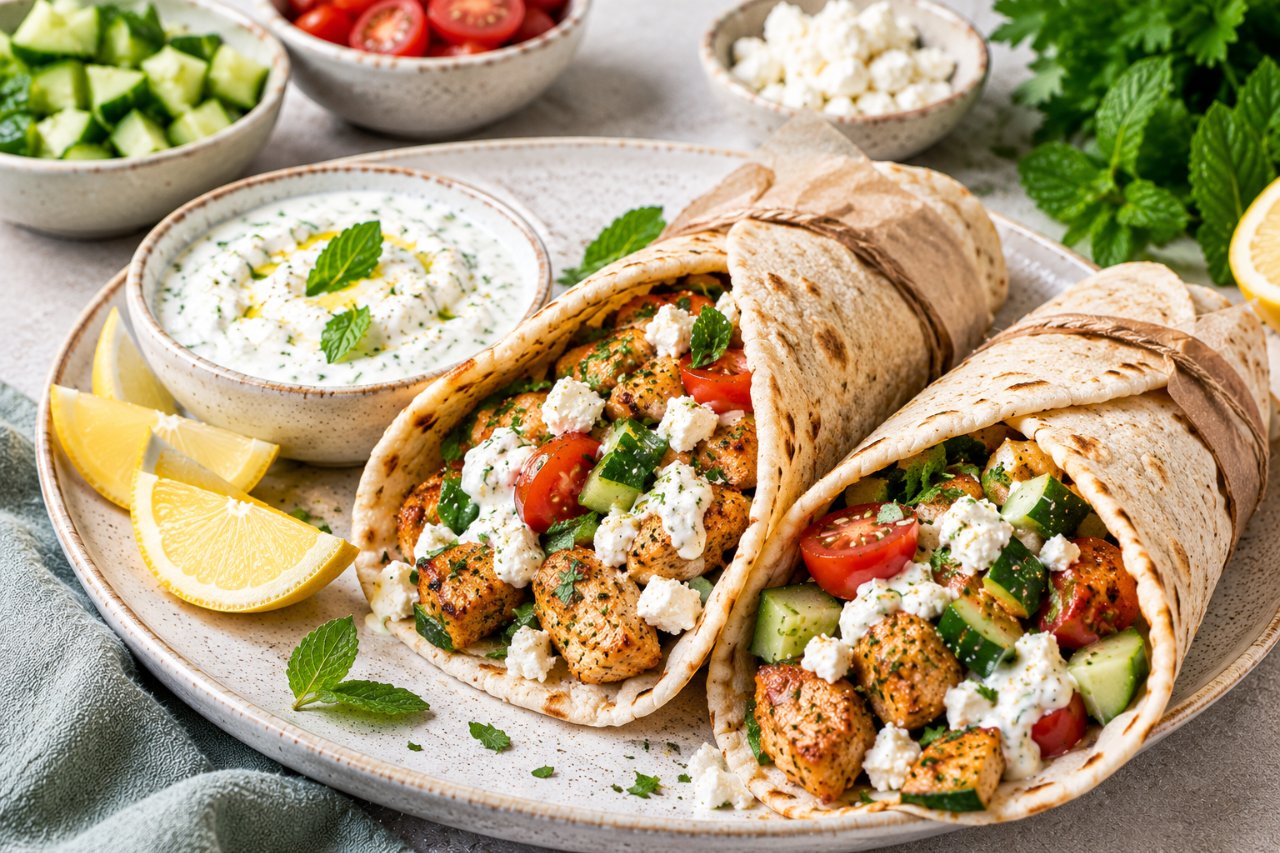 Wrap grec express au poulet, feta & sauce yaourt-citron